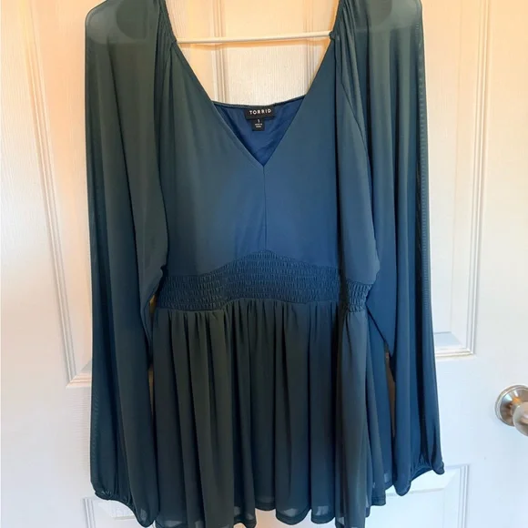 Blue Mesh Peasant Babydoll Top - Picture 2 of 3